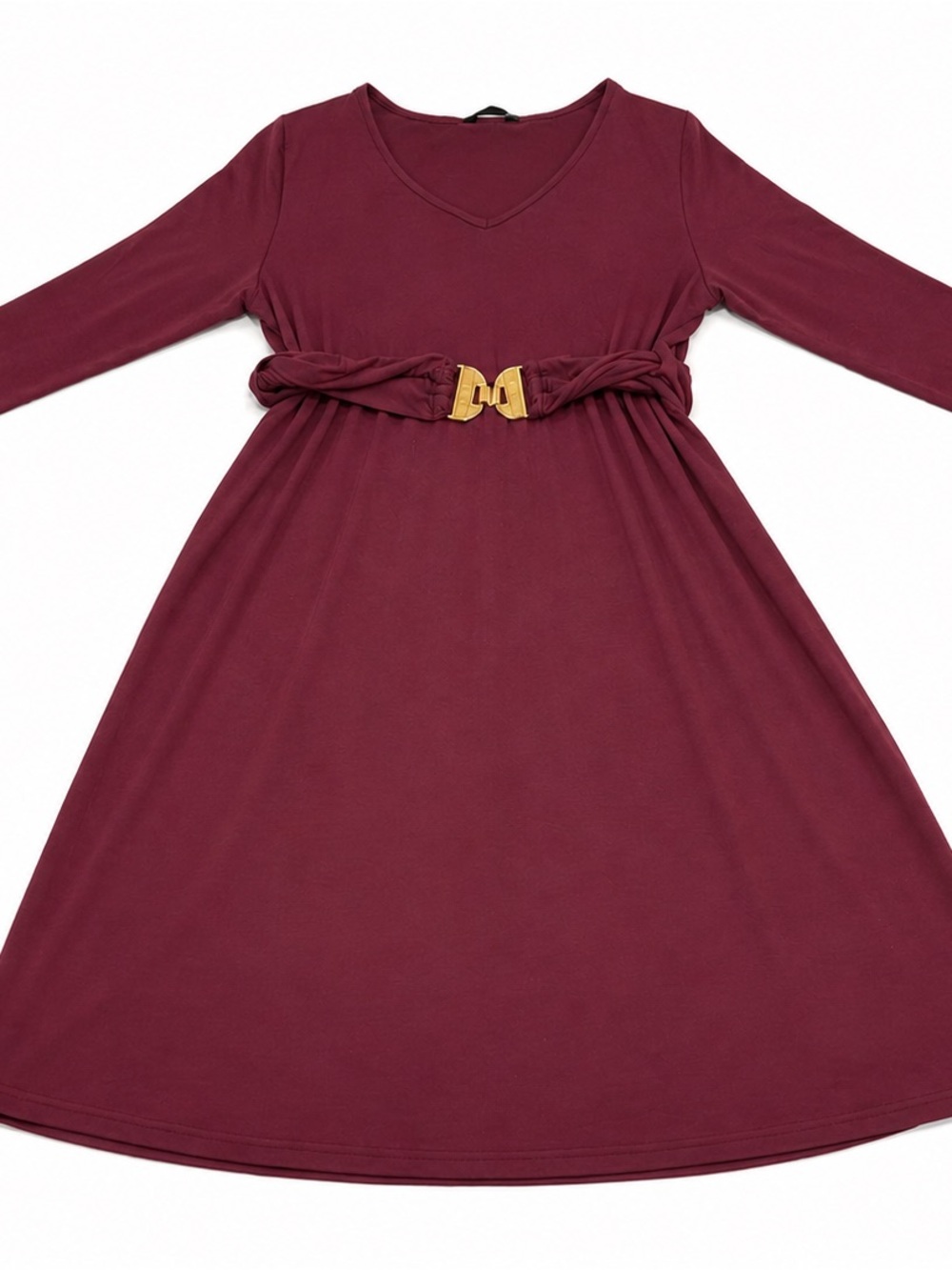 BLOOMCHIC Burgundy V-Neck Gold Buckle Midi Dress 14-16 - Picture 4 of 6